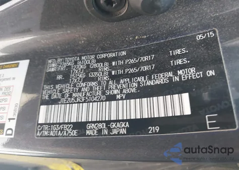 2015 Toyota 4Runner Sr5 z USA, uszkodzony, nr VIN JTEZU5JR3F5104270